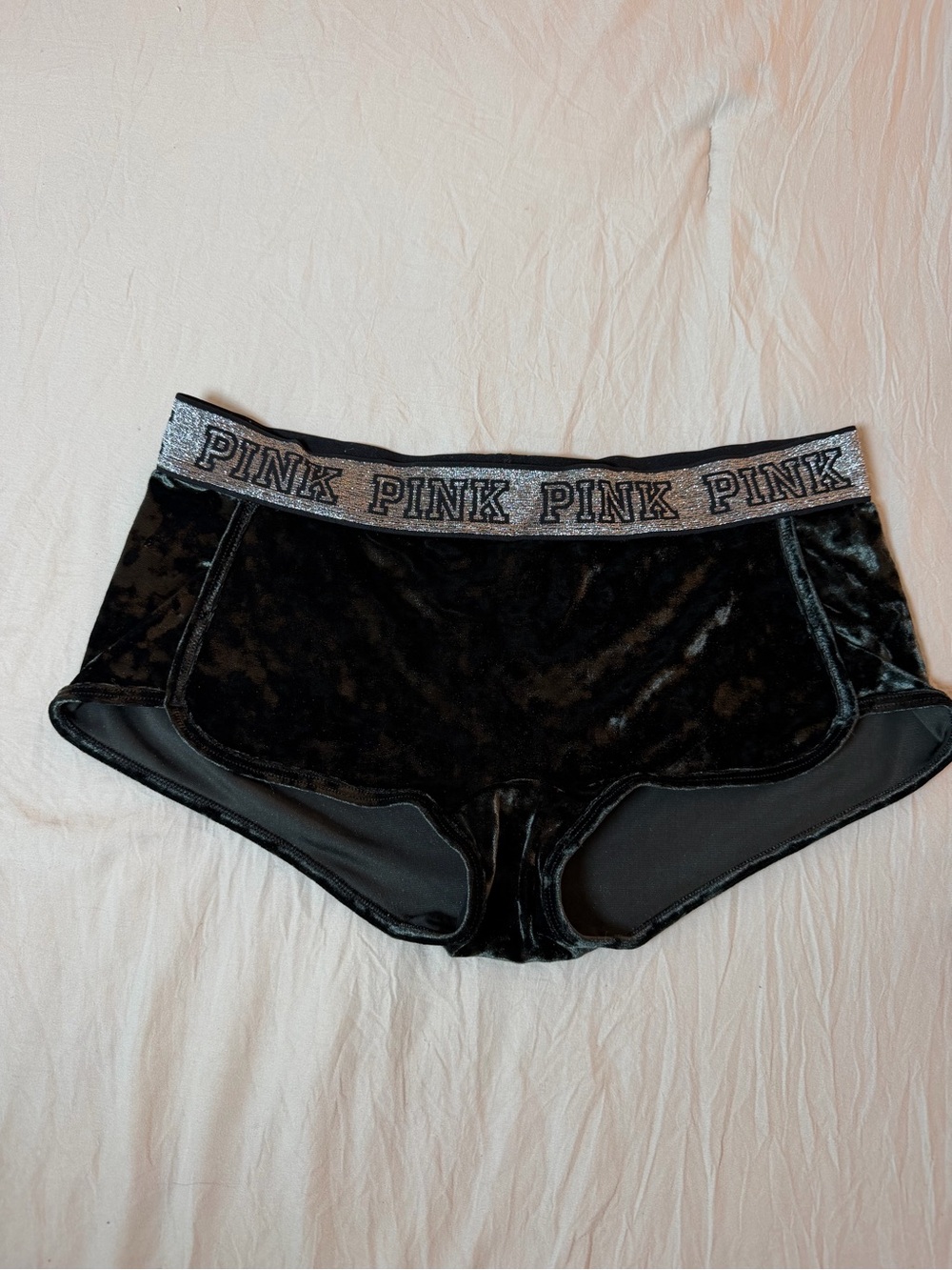 PINK Victoria's Secret Black Velvet Boyshorts with Silver Logo Waistband
